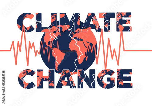 Conceptual graphic for global climate change crisis. Fractured Earth and pulse line symbolize environmental urgency.