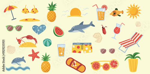 Summer vacation icons and symbols for travel and leisure activities