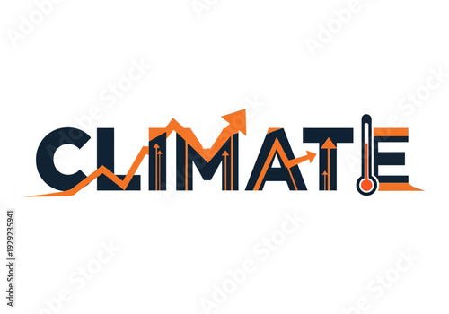 Conceptual graphic showing global climate change and rising temperatures, represented by an upward trend arrow and thermometer.