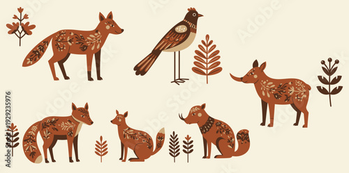 Illustration of forest animals and foliage featuring foxes and a bird
