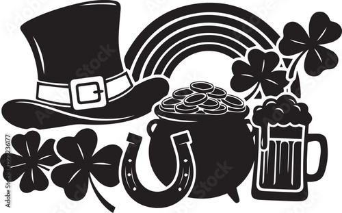 St. Patrick’s Day Symbols with Leprechaun Hat, Pot of Gold and Beer
