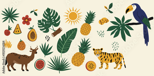 Tropical animals and plants including toucan deer leopard fruits and foliage in a vibrant illustration
