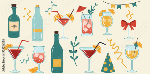 Celebratory drinks and bottles with party decorations and confetti