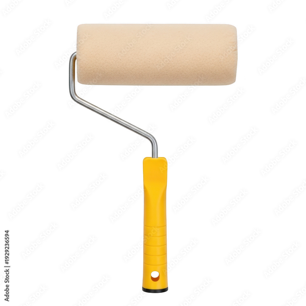 Obraz premium A yellow-handled paint roller with a brown, textured roller cover sitting on a white background.