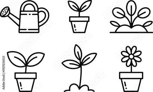 Set of 6 plant and gardening line icons vector