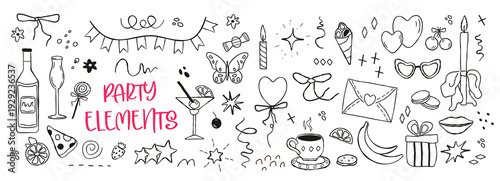 A set of hand drawn simbol  for a party with doodles. bow, dessert, gift, strawberries, balls: isolated elements. of icon sketches for invitation, flyer, poster. png art  illustration