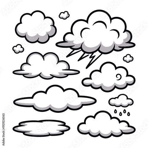 Celestial Symphony: A collection of various fluffy clouds. perfect for illustrations about weather, climate or weather forecasting.