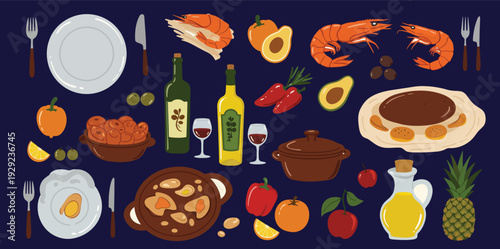 Delicious seafood and dishes on a table with wine and various foods