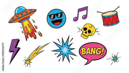 Pop Art Symbols: A vibrant array of pop art symbols, including a UFO, sunglasses-wearing smiley face, musical note, drum, skull, lightning bolt, comet, explosion, and BANG! speech bubble.
