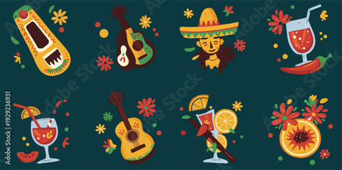 Vibrant fiesta elements with music and drinks on dark background