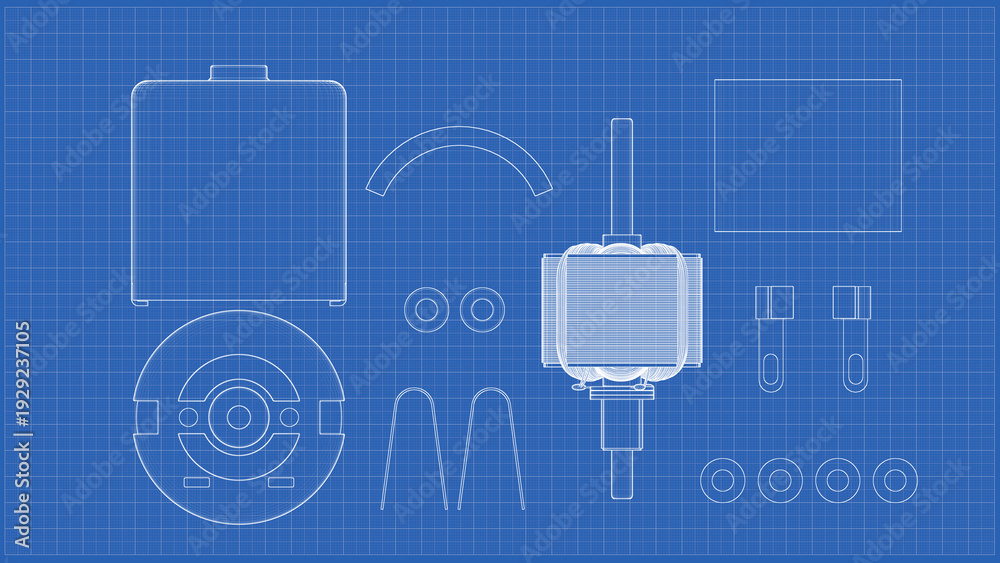 Fototapeta premium Technical Drawing DC Electric Motor Blueprint Complete Disassembly. 3D rendering isolated on blue background. 3D Mesh, Sketch, Vector style. Ideal for educational, engineering, and industrial design