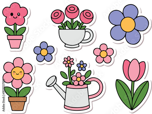 Set of 8 Cute Cartoon Flower Stickers Vector