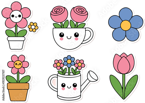 Set of 6 Cute Kawaii Flower Stickers Vector