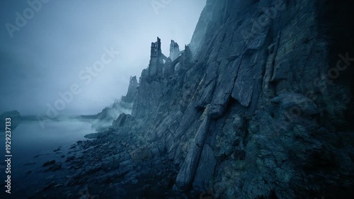 Desolate seaside cliff with ancient ruins and mist, Somber coast with crumbling fortress structures and veil of mist creating cinematic atmosphere