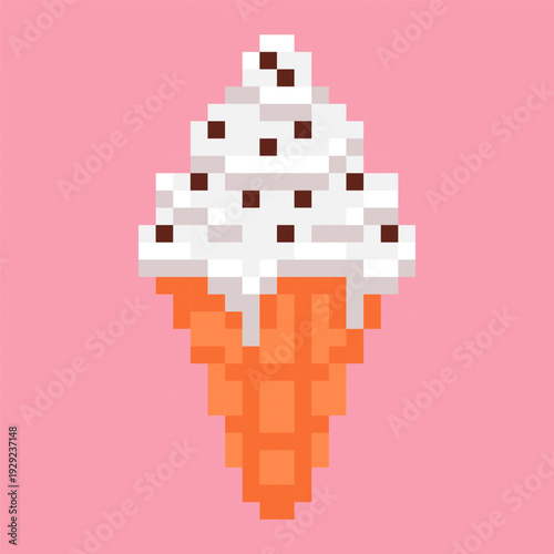 Pixel art icon of ice cream cone in 8 bit style. Sweet vanilla soft serve with chocolate chips in waffle cone on pink background. Vector. Dessert illustration symbolizing summer treat, sweetness