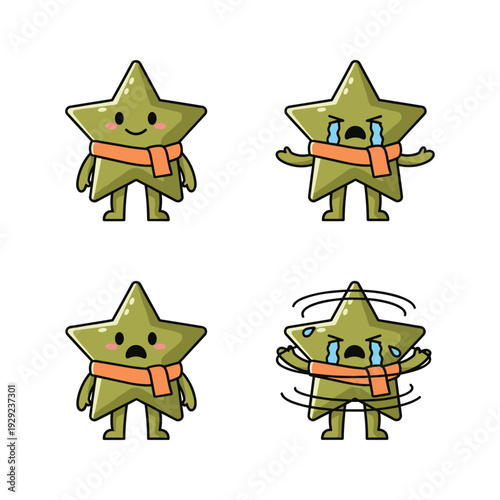 Cartoon star characters expressing different emotions with scarf isolated on white background