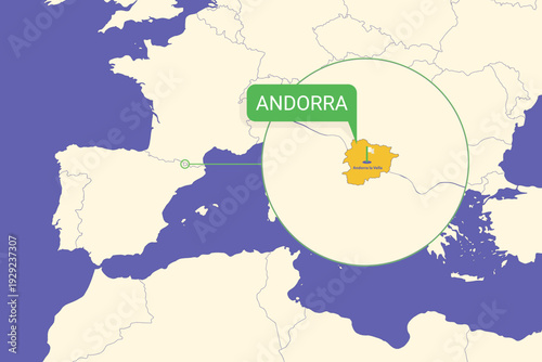 Andorra highlighted on Europe map with Andorra la Vella capital marked