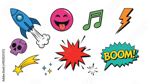 Pop Art Collection: A vibrant medley of pop art elements, including a rocket ship, smiley face, musical note, lightning bolt, skull, shooting star, explosion, and a 'BOOM!' speech bubble.