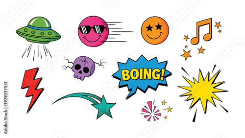Pop Art Doodle: A lively collection of pop art elements, including smiling faces, a UFO, lightning bolt, shooting star, skull, music note, BOING! speech bubble, and explosion.