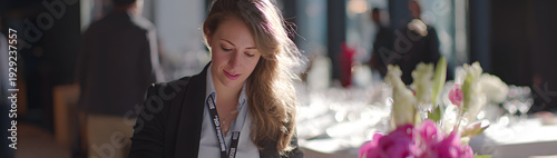 A realistic event planner coordinates logistics for a charity gala, liaising with vendors and managing schedules. The venue is modern and clear, with high clarity and sharp focus.