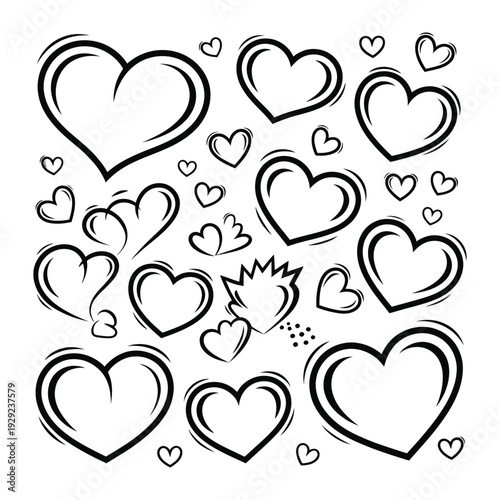 Love's Embrace: An abstract illustration of various heart shapes, elegantly outlined with bold strokes, radiates emotion.