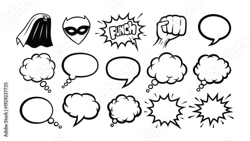 Comic Speech Bubbles and Icons: A captivating assortment of comic speech bubbles and engaging icons, perfect for expressing thoughts, emotions, and action in graphic resources. 