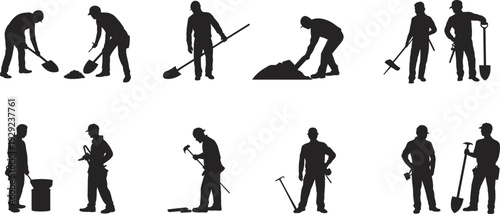Construction worker silhouettes with shovel and hammer, builders digging soil isolated on white background manual labor industrial tool collection