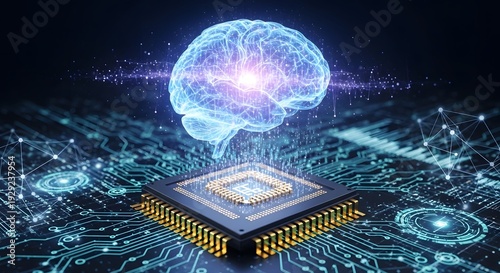 Futuristic abstract digital brain and microchip representing artificial intelligence and technological innovation