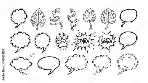 Comic Elements: A captivating assortment of line art elements, featuring speech bubbles, monstera leaves, and a paw print, perfect for adding visual flair to your designs. 