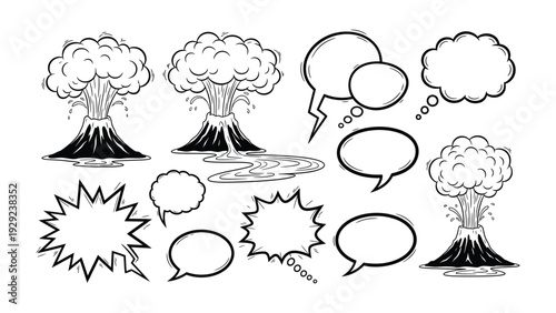Explosive Thoughts and Volcanic Eruptions: A set of speech bubbles and hand-drawn volcanic eruptions in comic style.