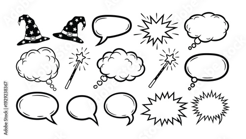 Enchanting Illustration: A collection of magical items, including whimsical wizard hats, thought bubbles, and star wands, perfect for conveying thoughts and ideas. 