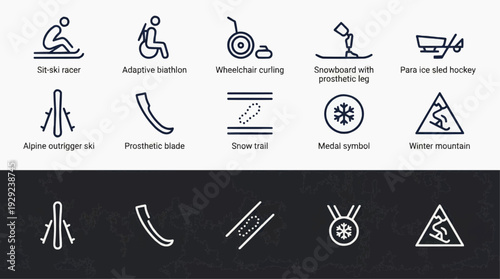 A flat icon set depicting various winter Paralympic sports such as adaptive biathlon, curling with prosthetic, snowboarding, and ice hockey in a winter environment.
