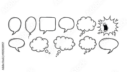 Dialogue Bubbles Galore: A collection of various hand-drawn speech bubbles, perfect for illustrating diverse thoughts, conversations, and expressions. The design, perfect for visual storytelling.