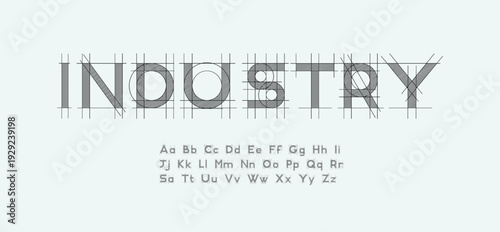 Blueprint font. Architectural typeface. Technical drawing alphabet with geometric construction guides, capital and lowercase letters, numbers, and symbols. Graphic vector illustration.

