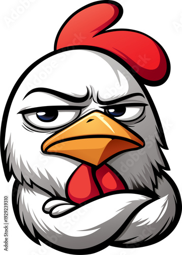 A skeptical, disgruntled white rooster