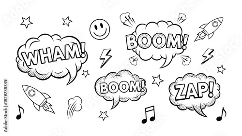 Comic book effects with Explosions: Dynamic illustrations of comic book elements, showcasing the iconic WHAM!, BOOM!, and ZAP! exclamations, paired with rockets, stars.