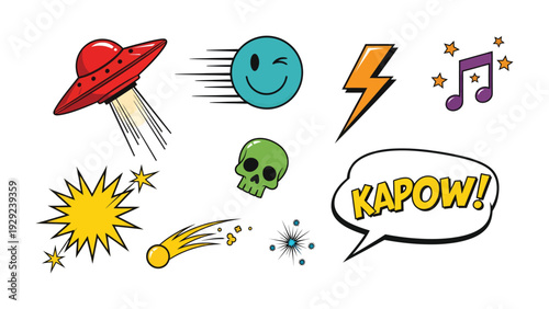 Comic Book Graphics: A dynamic collection of vibrant cartoon illustrations, evoking a sense of fun and action, perfect for graphic design elements.