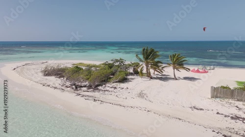 Aerial drone view of a kite surfer riding across crystal-clear turquoise water near a white sand tropical beach lined with palm trees in Caribbean paradise, Antigua and Barbuda