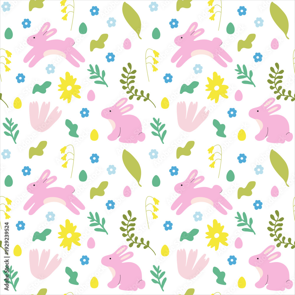 Obraz premium Spring Floral Easter Composition with Bunnies, Seamless Pattern