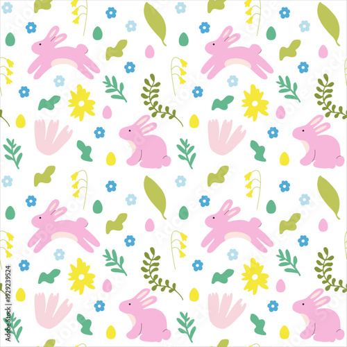 Spring Floral Easter Composition with Bunnies, Seamless Pattern