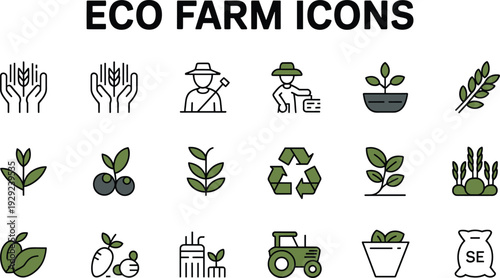 Eco farm with plants people tractor and recycling symbol eco farm, plants, people, tractor, recycling symbol, green, black, white, sustainable agriculture, farming, ecology, environment, leaves, fruit