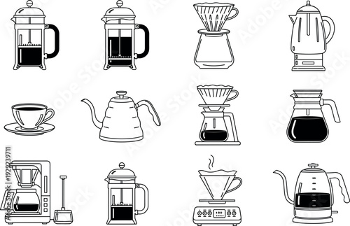 Coffee Maker and Brewing Equipment Outline Icon Set with French Press Kettle Drip Machine and Pour Over Vector Collection