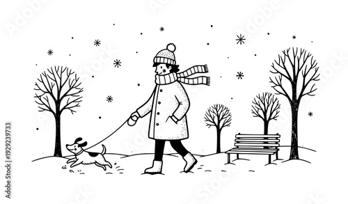 Hand drawn winter park scene with person walking dog doodle vector isolated on white background