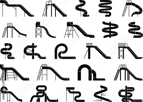 Collection of black and white playground and water slides park recreation
