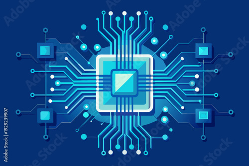 Electronic component visualization depicts a square central processor with multiple radiating output paths against a dark backdrop.