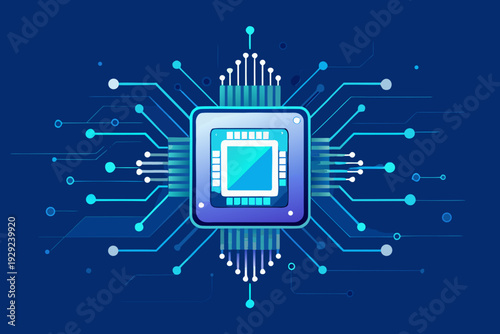 Central processing unit graphic features bright cyan highlights and emanating circuit traces against a deep indigo field.