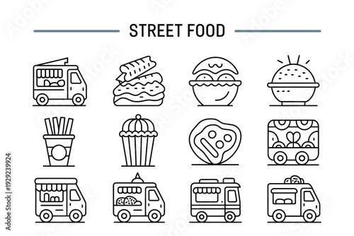 Street food icons set with various food truck illustrations