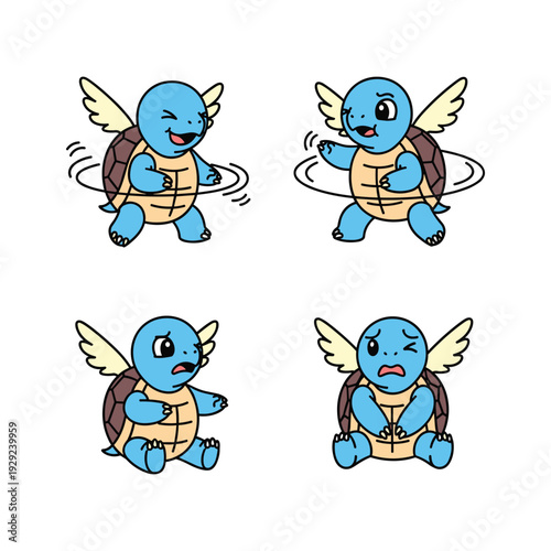 Cartoon turtle with wings expressing different emotions on white background