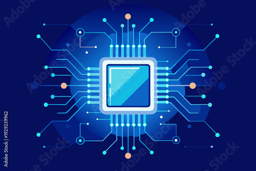 A central processing unit illustration shows glowing blue circuit board pathways against a dark background representing digital connectivity.