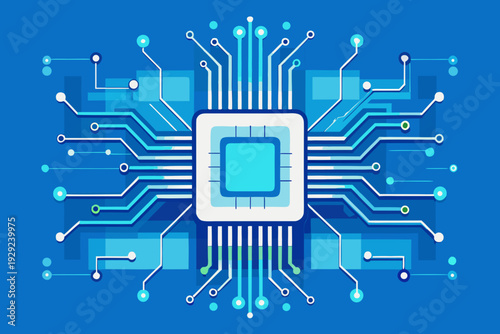 Central processing unit chip diagram features glowing blue circuitry lines connecting to surrounding nodes on a bright blue background.